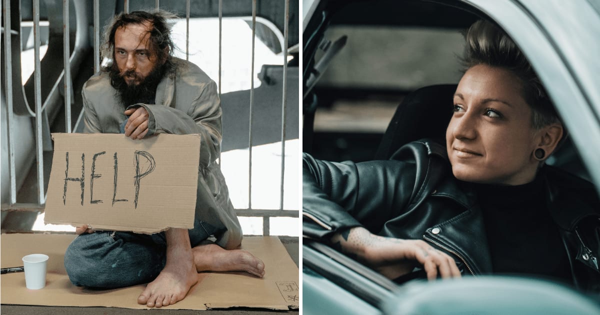 (L) Homeless man sitting on road. (R) Woman sitting in car smiling. (Representative Cover Image Source: Pexels | (L) MART PRODUCTION, (R) Claire Toribio)