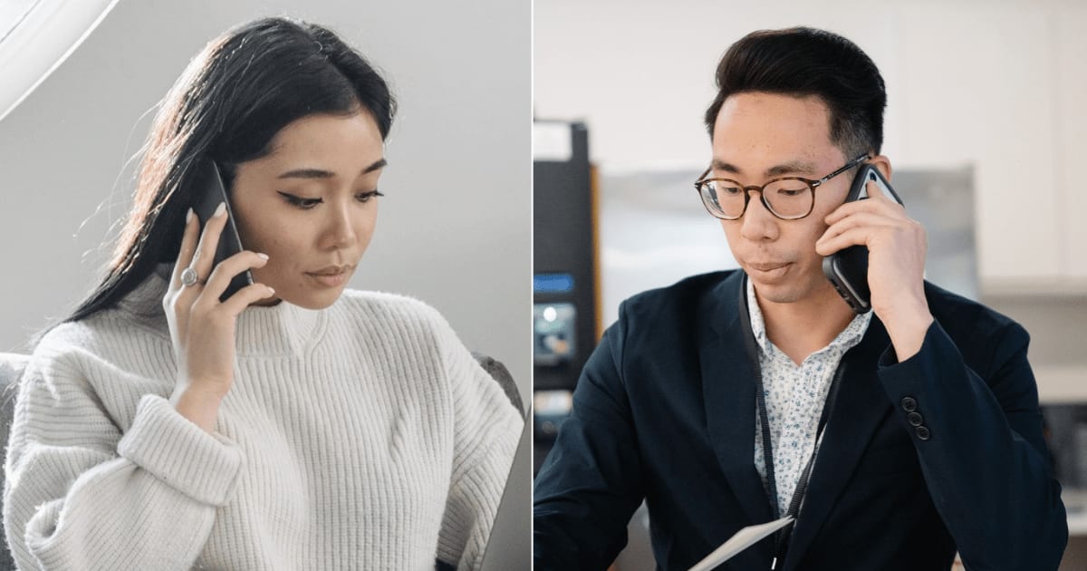 L - A worried woman is speaking on her phone. R - An employee is speaking to a customer. (Representative Cover Image Source: Pexels | L - Pavel Danilyuk, R - Felicity Tai)