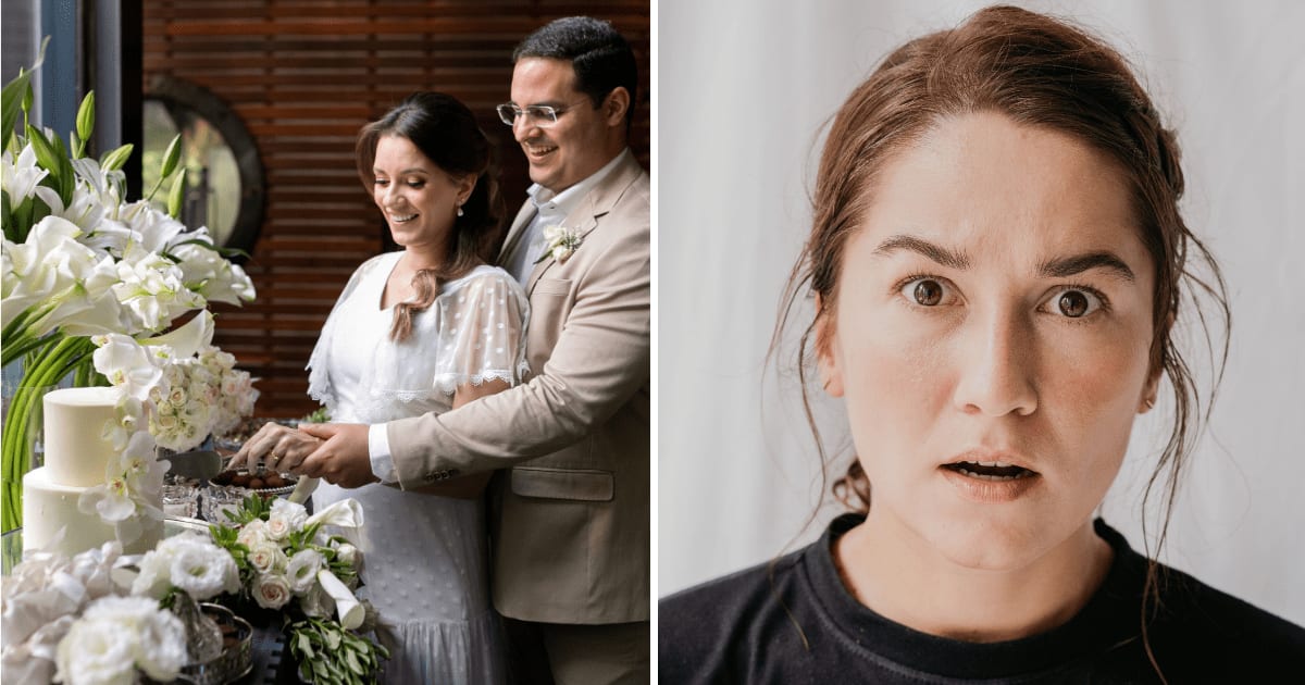 (L) Couple cutting wedding cake. (R) Shocked woman. (Representative Cover Image Source: Pexels | (L) Wallace Araujo, (R) Anna Tarazevich)
