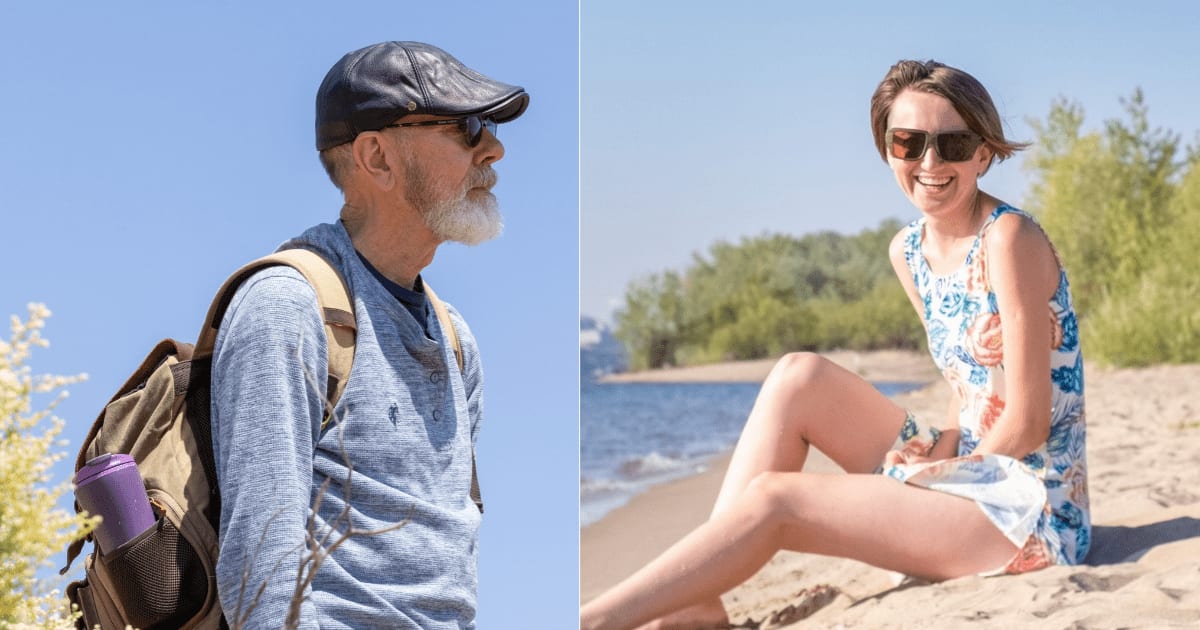 (L) An elderly man walking with a bag. (R) A woman relaxing at a beach and smiling. (Representative Cover Image Source: Pexels| L - David Brown, R - Maksim Darling)