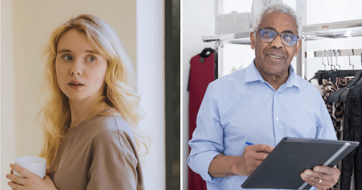 (L) Scared woman. (R) Manager at store. (Representative Cover Image Source: Pexels | (L) Anastasia Shuraeva, (R) Kampus Production)