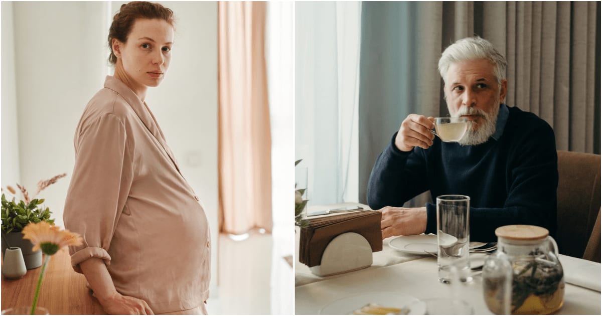 (L) A pregnant woman looks upset and shocked. (R) An elderly man at a restaurant looks at someone. (Representative Cover Image Source: Pexels| L - Matilda Wormwood, R - Cottonbro Studio)