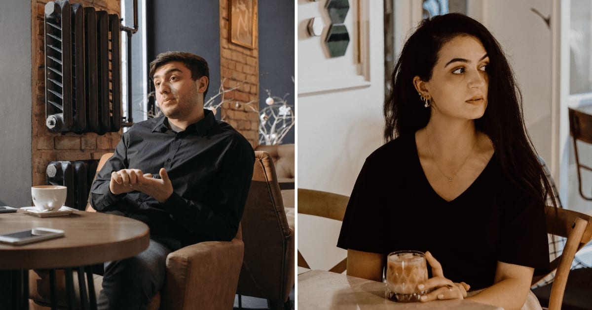 (L) A man talking a on date. (R) A woman seemingly upset while having a coffee at a cafe. (Representative Cover Image Source: Pexels | (L) Pavel Danilyuk, (R) Ayşenur)