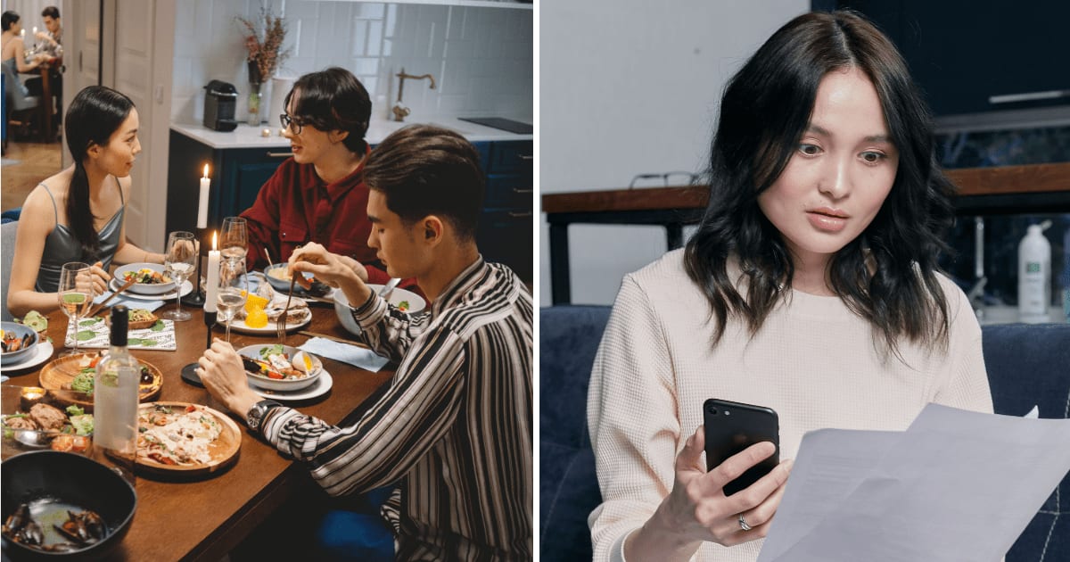 (L) Friends having dinner together. (R) Shocked woman. (Representative Cover Image Source: Pexels | (L) cottonbro studio, (R) Mikhail Nilov)