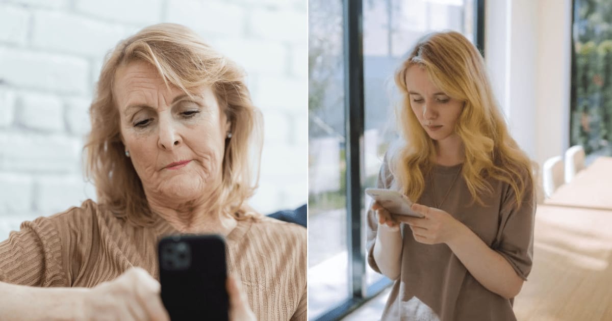 L - An elderly woman looks visibly angry while texting. R - A woman stands quietly, focused on her phone. (Representative Cover Image Source: Pexels | L - Teona Swift, R - Anastasia Shuraeva)