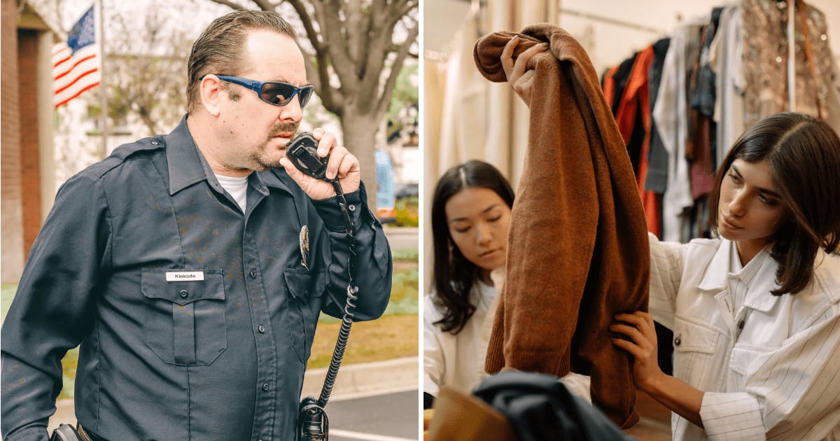 (L) Police officer. (R) Two women in thrift store. (Representative Cover Image Source: Pexels | (L) Kindel Media, (R) cottonbro studio)
