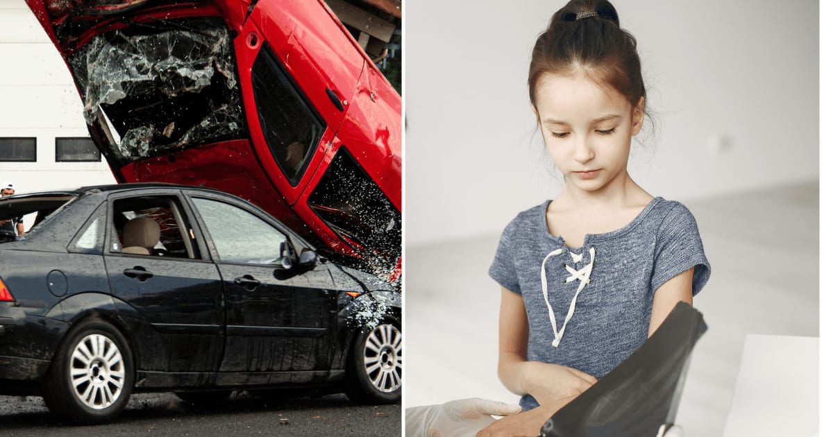(L) Two cars crashing. (R) A little girl at the doctor. (Representative Cover Image Source: Pexels | (L)  jordan besson, (R) Gustavo Fring)