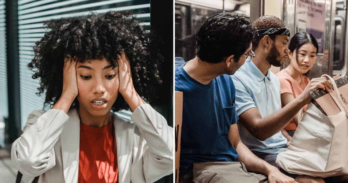 (L) A woman shocked by something, resting her palms on her head. (R) Passengers in a train talking to each other. (Representative Cover Image Source: Pexels | (L) Roberto Hund, (R) Lara Jameson)