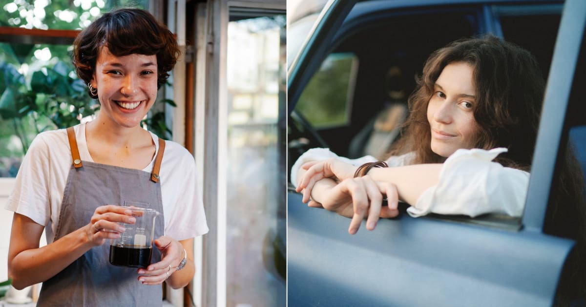 (L) A barista smiling at a customer. (R) A woman smirks from her vehicle. (Representative Cover Image Source: Pexels| L - Tim Douglas, R - Anastasia Shuraeva)