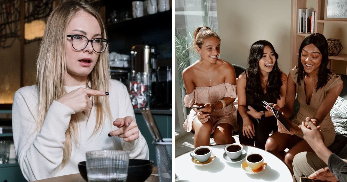 (L) Deaf woman using sign language (R) Group of girls at coffee shop — (Representative Cover Source: (L) Pexels, cottonbro studio | (R) Pexels, RDNE Stock project)