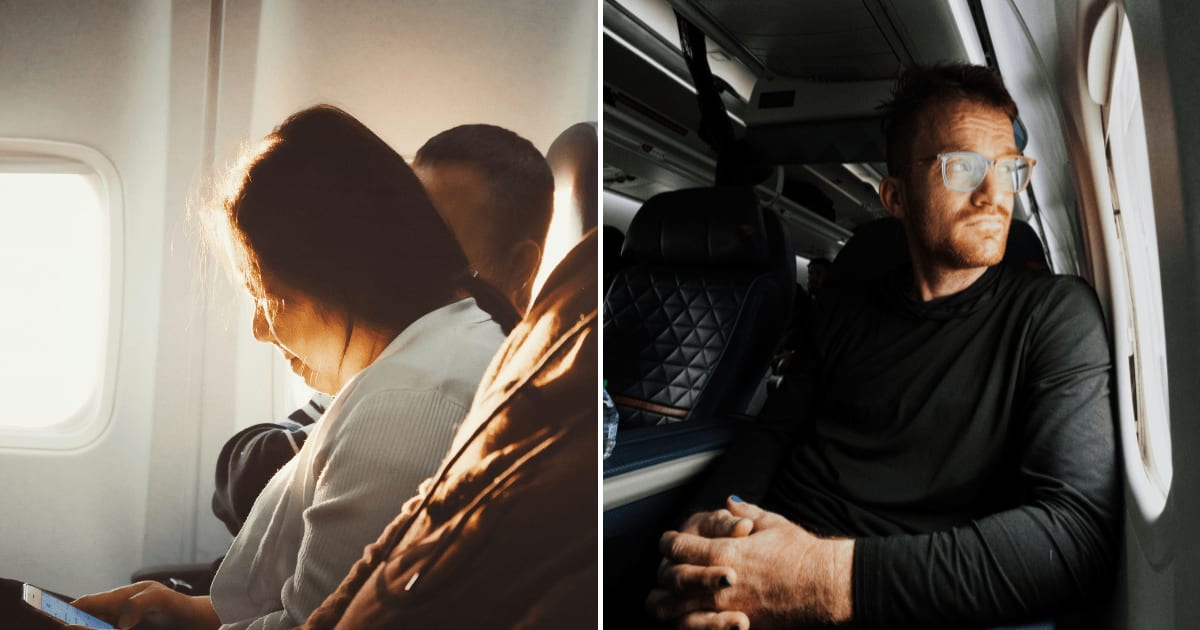 (L) An old lady in an airplane middle seat using her phone. (R) A man sitting in a window seat on a plane, seemingly annoyed. (Representative Cover Image Source: (L) Pexels | Photo by K, (R) Unsplash | Photo by Nong)
