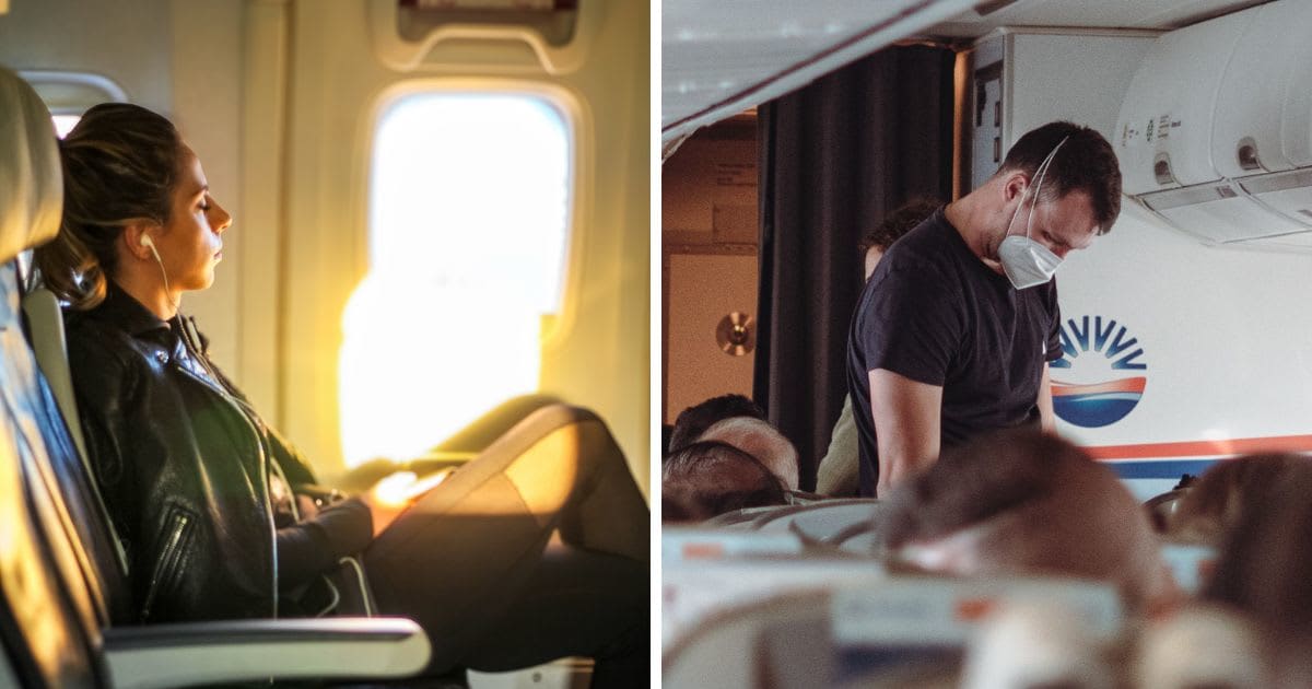 (L) Woman sitting on a flight (R) Man standing in aisle — (Representative Cover Image Source: (L) Pexels, Richard Harris | (R) Pexels, Hasan Gulec)