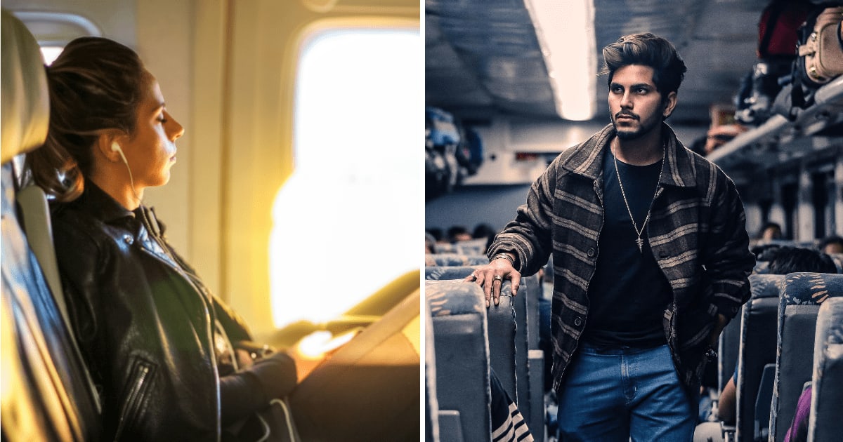 (L) Woman sitting on a flight. (R) Man standing in aisle. (Representative Cover Image Source: Pexels | (L) Richard Harris, (R) Uprising production)