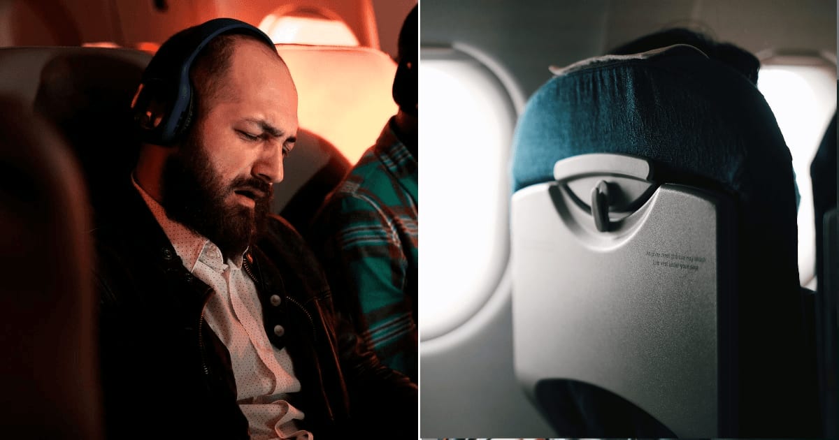 (L) A man seemingly annoyed sitting in a flight. (R) Back of the plane seat. (Representative Cover Image Source: (L) Magnific | DC Studio, (R) Pexels | Pew Nguyen)