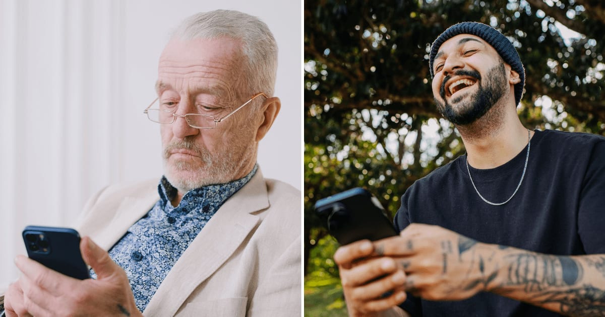 (L) An old man using his phone. (R) A man laughing at a text. (Representative Cover Image Source: Pexels | (L) SHVETS production, (R) Matheus Bertelli)