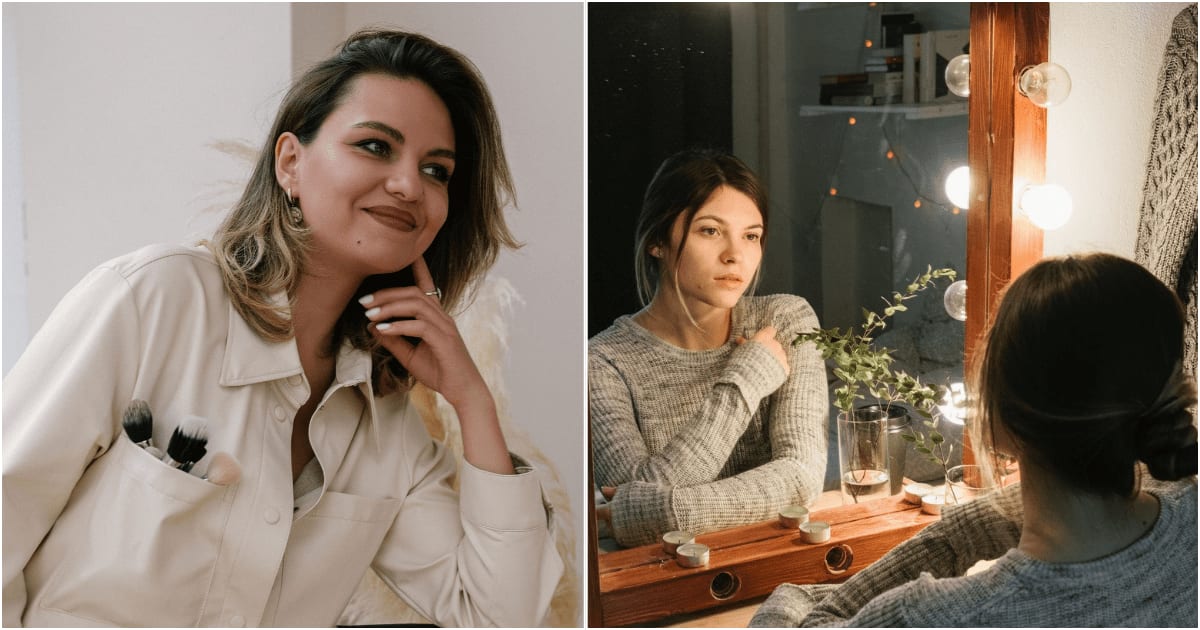 (L) An employee with makeup brushes in her pocket smiles while looking at a customer. (R) A customer looks at herself in the mirror. (Representative Cover Image Source: Pexels| L - Юлиана Маринина, R - Arthouse Studio)