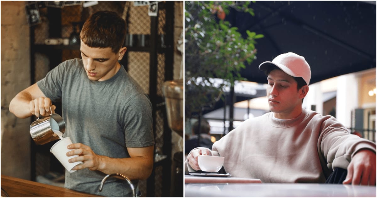 (L) A  barista doing latte art. (R) A man looking at his coffee intently. (Representative Cover Image Source: Pexels| L - Elizabeth Zernetska, R - Farhadirani)