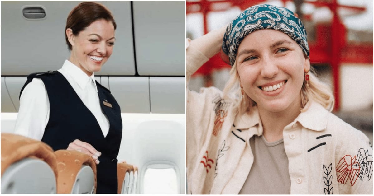 (L) A flight attendant on the plane. (R) A woman smiles. (Representative Cover Image Source: L - Getty Images| Thomas Barwick, R - Pexels| Alina Rossoshans)