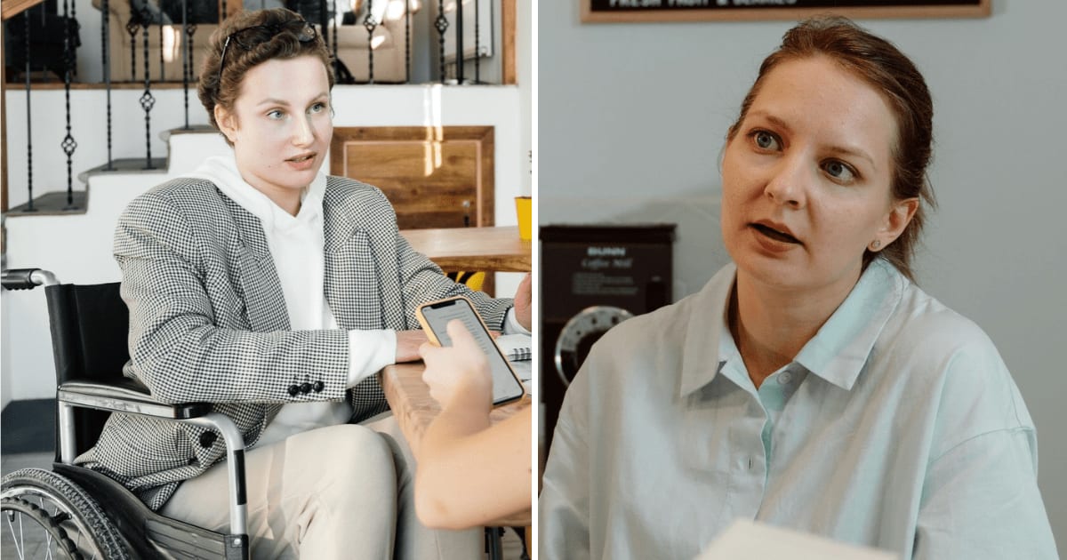 (L) A young woman in a wheelchair looks disappointed. (R) An employee at the counter is speaking. (Representative Cover Image Source: Pexels| L - SHVETS Production, R - RDNE Stock Project)