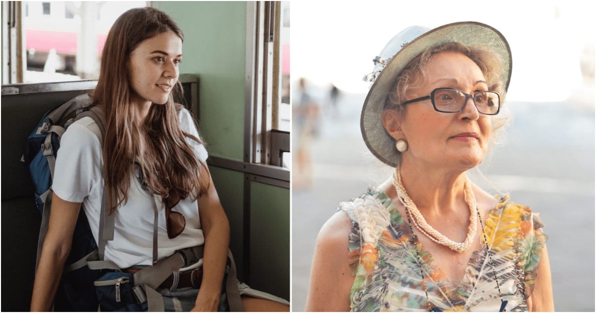 (L) A traveler is sitting in a train. (R) An elderly woman smiles at someone. (Representative Cover Image Source: Pexels| L - Ketut Subiyanto, R - Andrea Piacquadio)
