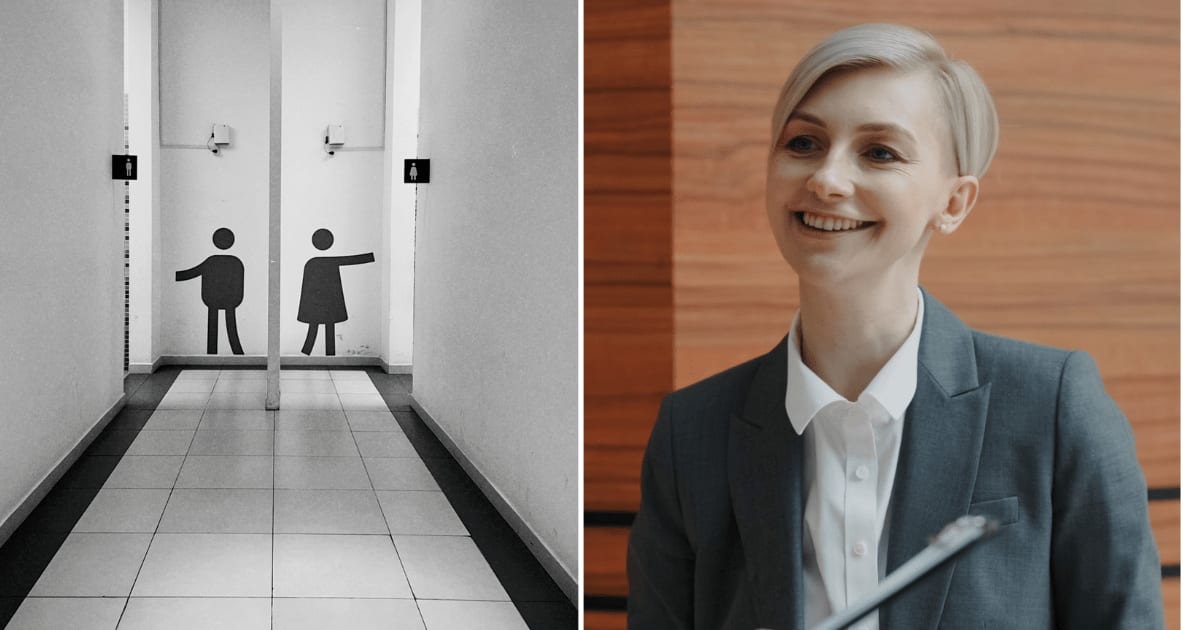(L) Corridor leading to toilet signs for males and females. (R) A woman in a suit smiling while guiding someone. (Representative Cover Image Source: Pexels | (L) Aibek Skakov, (R) Vitaly Gariev)