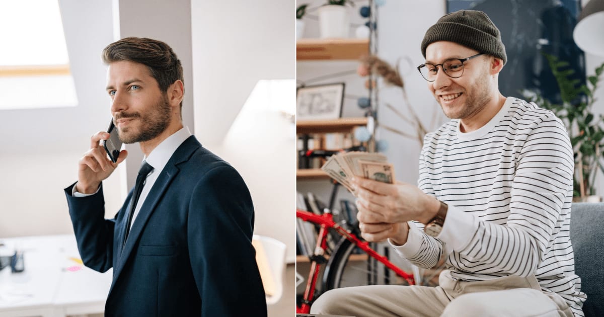 (L) A manager speaking on call. (R) A man is excitedly counting cash. (Representative Cover Image Source: Pexels| L - Yan Krukau, R - Karola G)