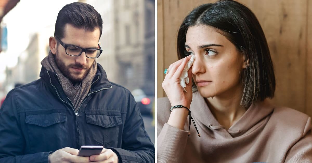 (L) Man texting (R) Woman crying  (Representative Cover Image Source: (L) Pexels, Andrea Piacquadio | Pexels, Liza Summer)