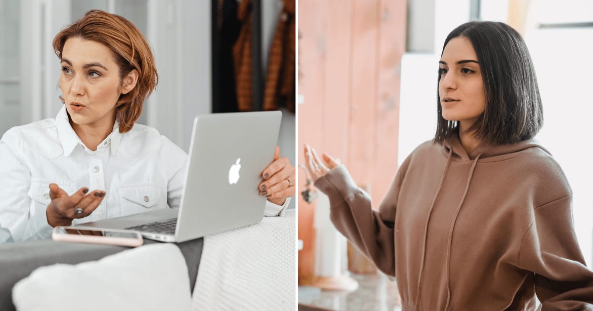 (L) A woman explaining something to her friend on a laptop. (R) A woman refusing someone. (Representative Cover Image Source: Pexels | (L) Kaboompics, (R) Liza Summer)