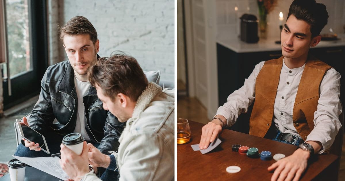  L - Two men talking over a coffee. R - Man playing poker at a casino. (Representative Image Source: Pexels | L - Laura Tancredi, R - Cottonbro Studio)