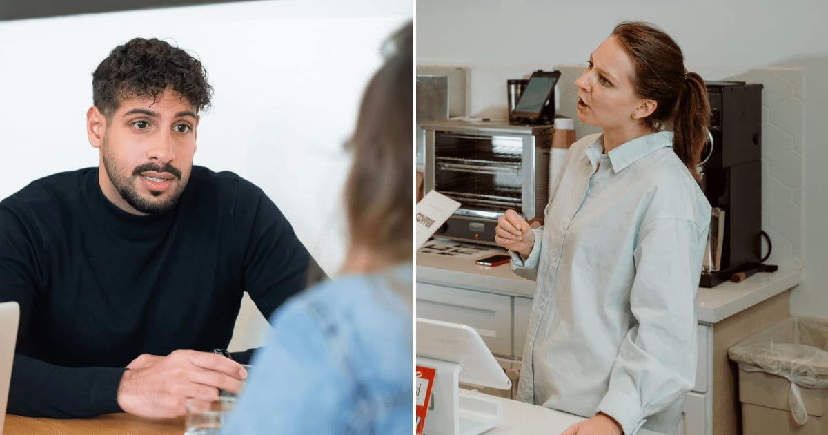 (L) A man sitting in a coffee shop talking to woman. (R) A waitress at a cafe seemingly upset at a customer. (Representative Cover Image Source: Pexels | (L)Kampus Production, (R) Ketut Subiyanto)