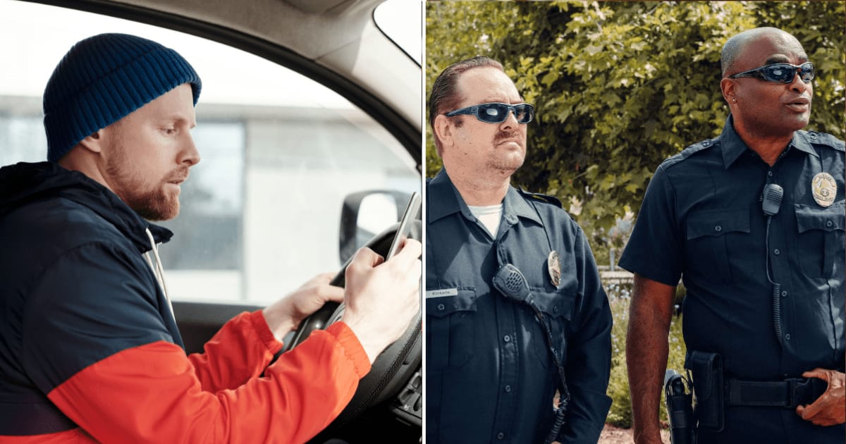 (L) A delivery driver checking an app. (R) Two male cops doing surveillance. (Representative Cover Image Source: Pexels | (L) Norma Mortenson, (R) Kindel Media)