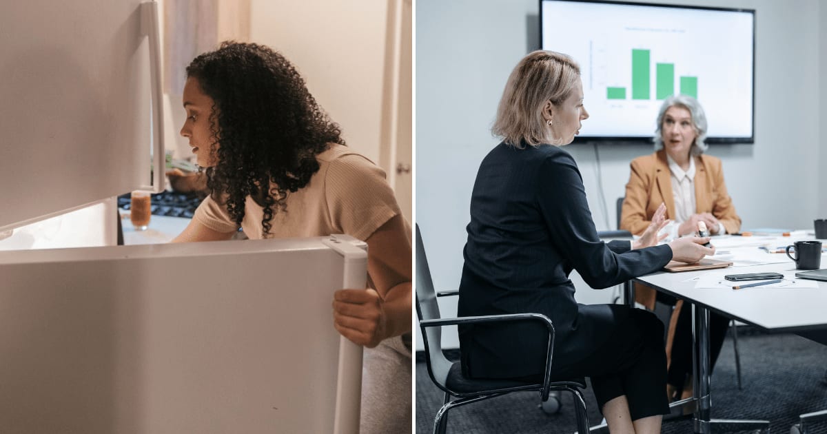 (L) A woman looking through her fridge. (R) Two professional women sitting in a meeting. (Representative Cover Image Source: Pexels | (L) Mike Jones, (R) Pavel Danilyuk)