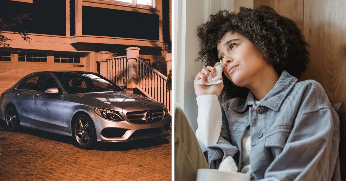 (L) Car parked outside a house (R) A grieving woman sitting by the window. (Representative Cover Image Source: (L) Pexels | Erik Mclean, (R) Pexels, Liza Summer)