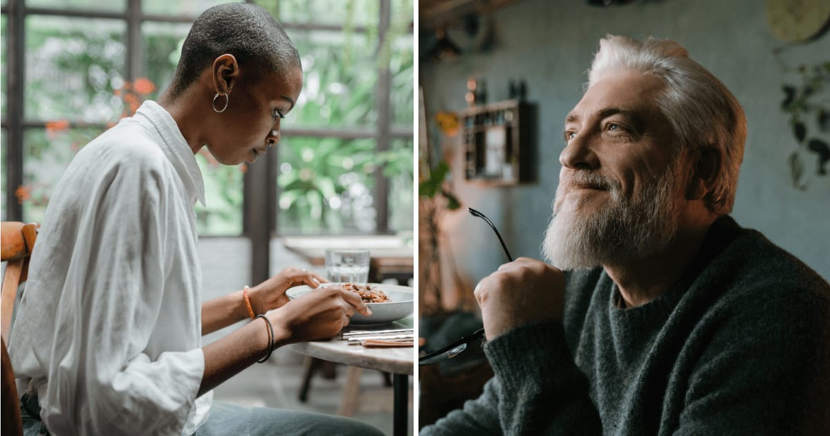 (L) Woman eating food in cafe. (R) Older man gently smiling. (Representative Cover Image Source: Pexels | (L) Ketut Subiyanto, (R) cottonbro studio)