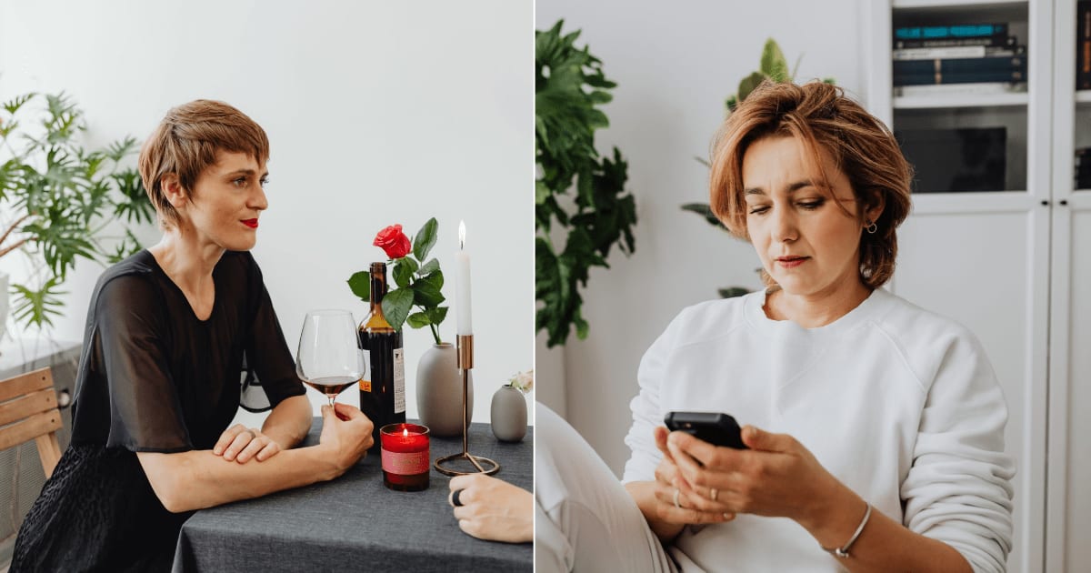 (L) A woman on a date at a restaurant. (R) A woman looks annoyed while checking her phone. (Representative Cover Image Source: Pexels| L , R - Karola G)