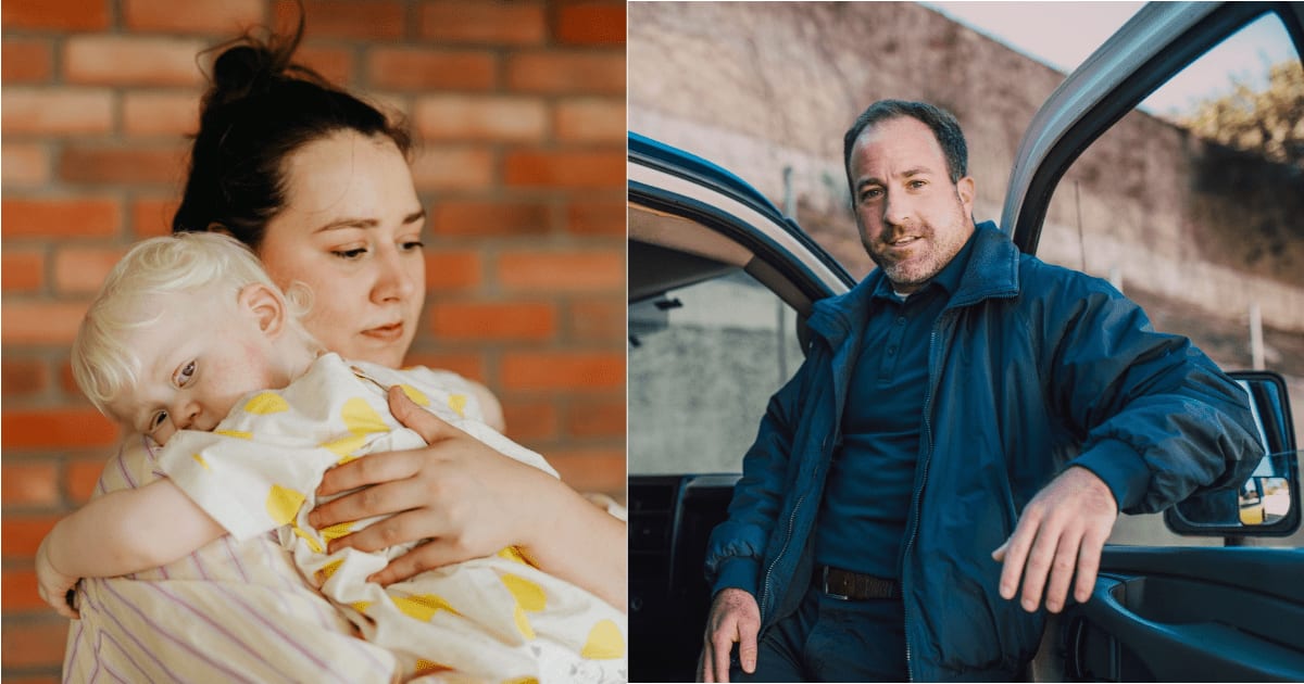 (L) A worried mom is holding her baby. (R) A man is standing beside his car outdoors. (Representative Cover Image: Pexels| L - Karola G, R - RDNE Stock Project)
