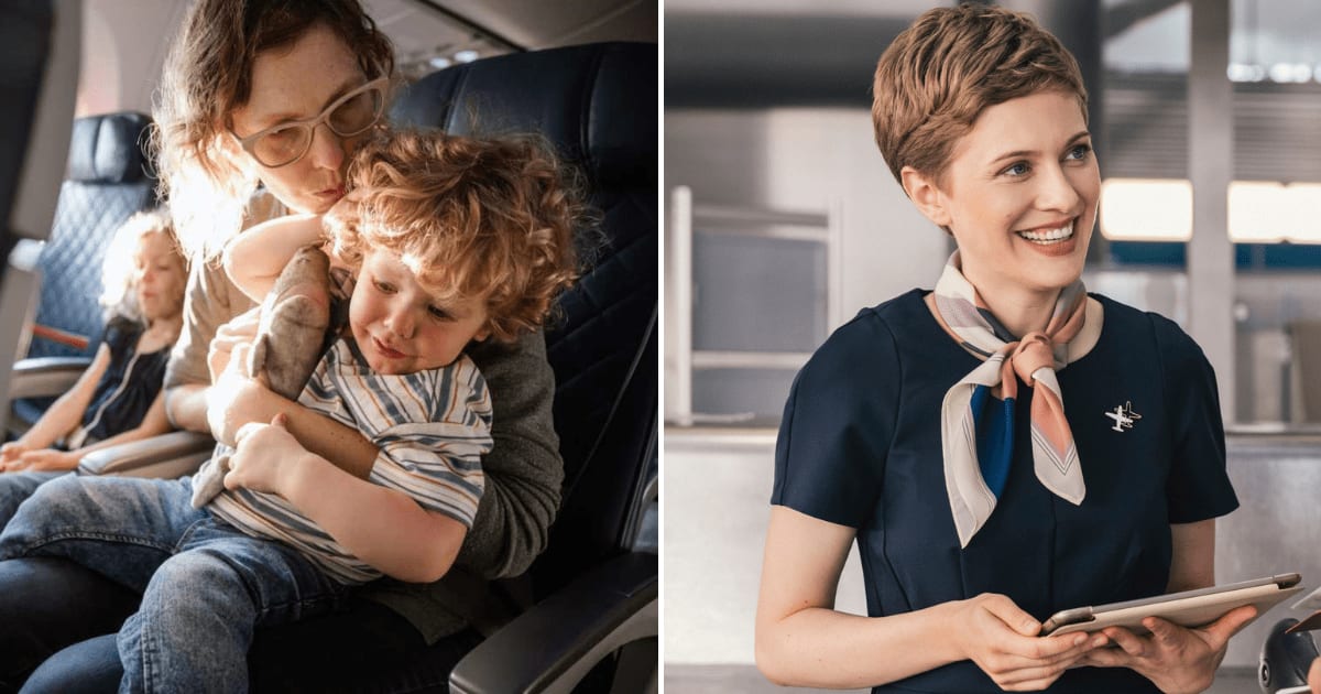 (L) A struggling mother on flight with a crying baby in lap. (R) A flight attendant assisting passengers on ground. (Representative Cover Image Source: Getty Images | (L) Ryan JLane, (R) westend61)