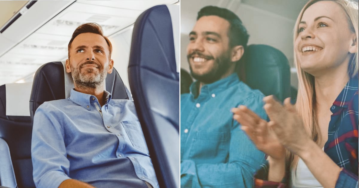 L - A man sitting in the aisle seat of a plane. R - Man and woman smiling and clapping during flight. (Representative Cover Image Source: Getty Images | Photos by Izusek and Gorodenkoff)
