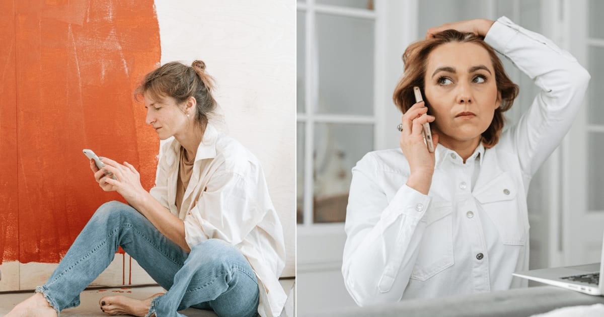 (L) A worried woman texting while sitting beside damaged wall. (R) A tensed woman speaking on the phone. (Representative Cover Image Source: Pexels| L - Ivan S, R - Karola G)