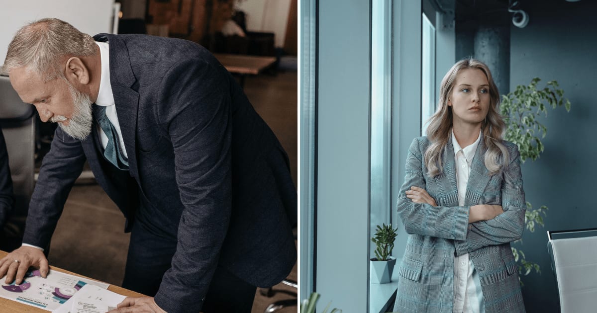 (L) A boss viewing some papers on an employee's table. (R) A furious female employee looking at someone. (Representative Cover Image Source: Pexels | (L) Pavel Danilyuk, (R) Tima Miroshnichenko)