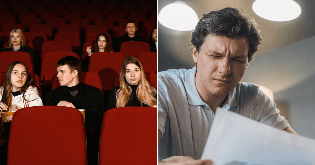 (L) A couple looks frustrated while watching a movie and talking to a woman in the theater. (R) A man closely looking at a paper. (Representative Cover Image Source: Pexels | (L) Tima Miroshnichenko, (R) SHVETS production)