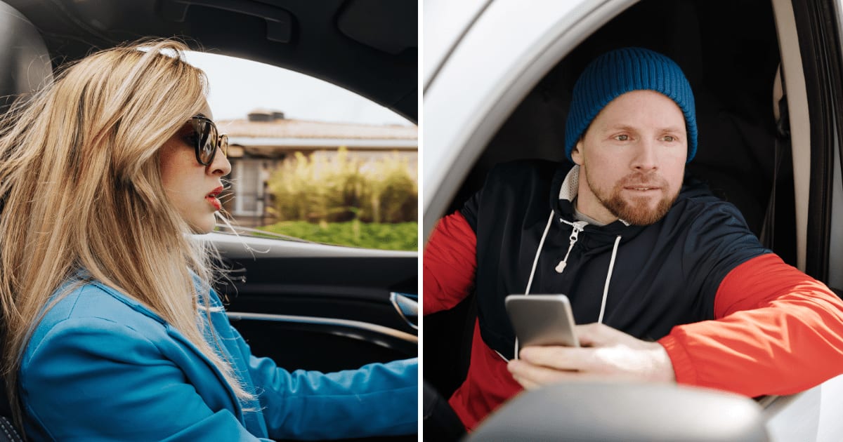 (L) Woman sitting in car shocked. (R) Man sitting in car. (Representative Cover Image Source: Pexels | (L) Daniel Andraski, (R) Norma Mortenson)