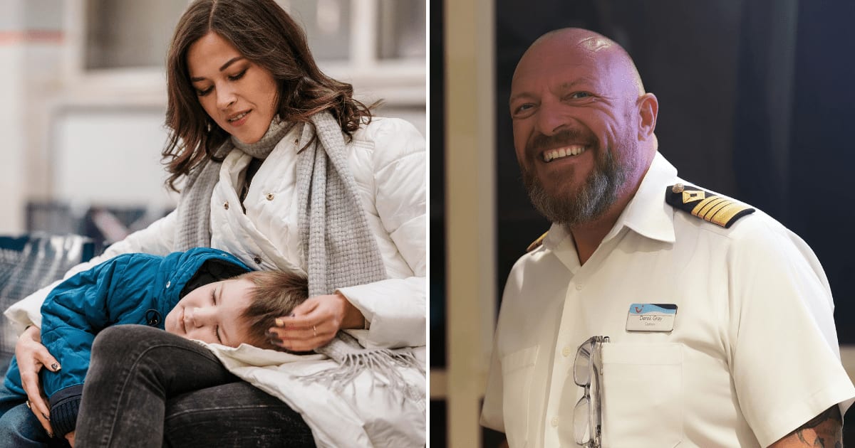 (L) A mother with her son resting on her lap, waiting at the airport. (R) A flight captain smiling. (Representative Cover Image Source: (L) Magnific | Magnific, (R) Unsplash | Nicola Dowie)