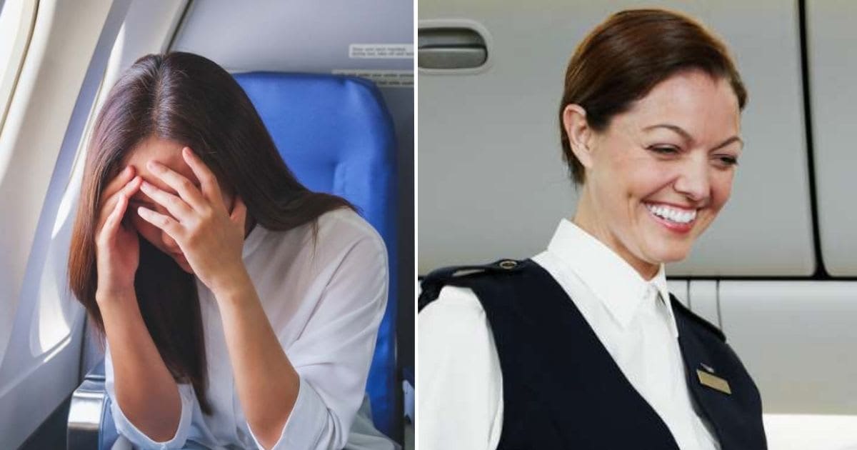 L - A woman crying on a plane. R - A flight attendant smiling at a passenger. (Representative Image Source: Getty Images | L - Farknot_Architect, R - Thomas Barwick)