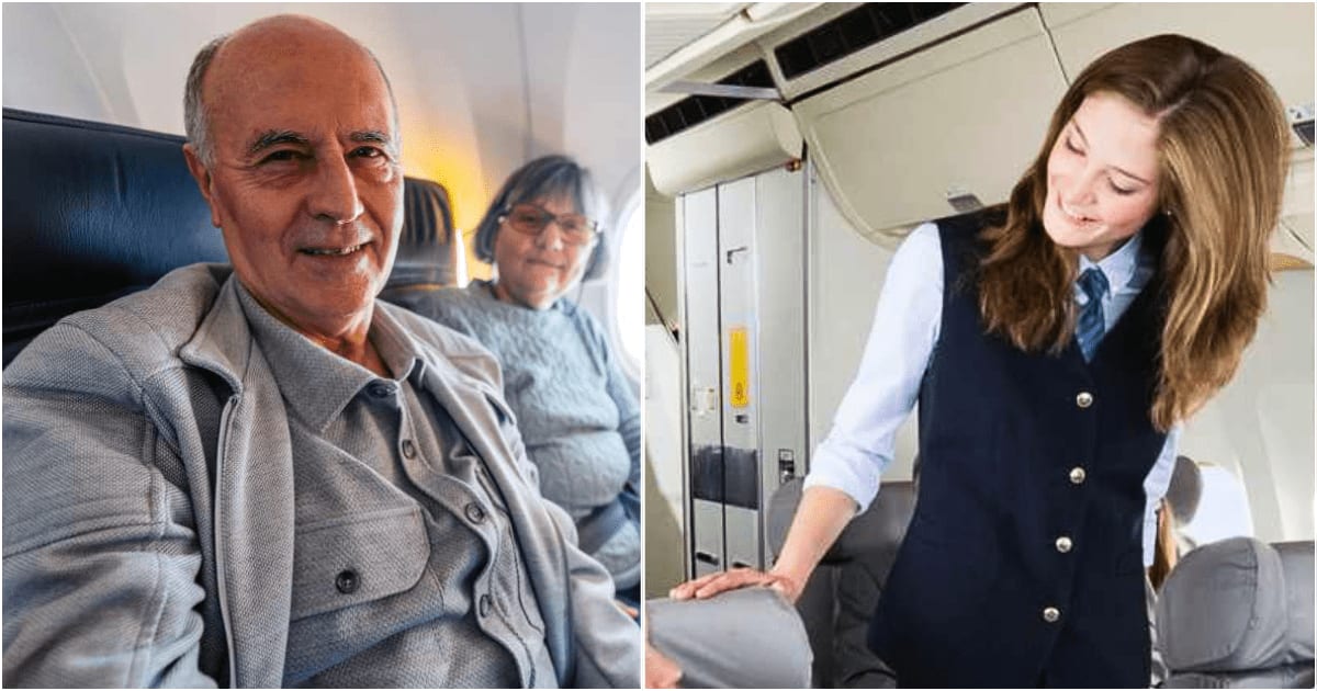 (L) Elderly couple on a plane. (R) A flight attendant speaking with a passenger. (Representative Cover Image Source: Getty Images| L - urbazon, R - Westend61)