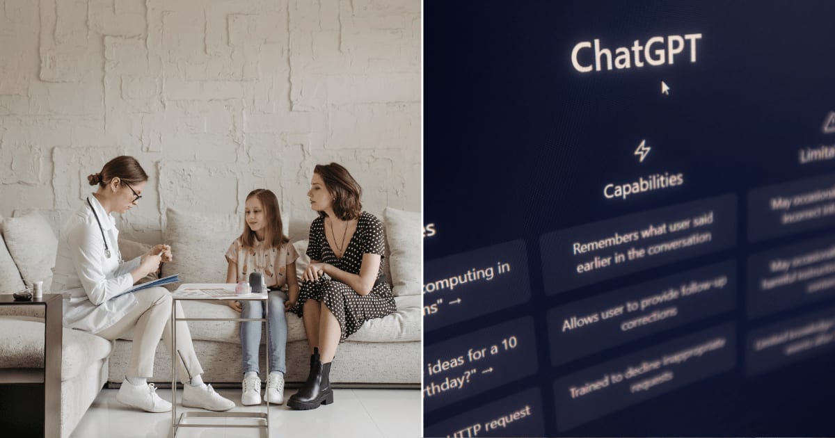 (L) A woman and daughter talking to a doctor (R) ChatGPT homepage opened up on a laptop. (Representative Cover Image Source: Pexels | (L) VPavel Danilyuk, (R) Matheus Bertelli)