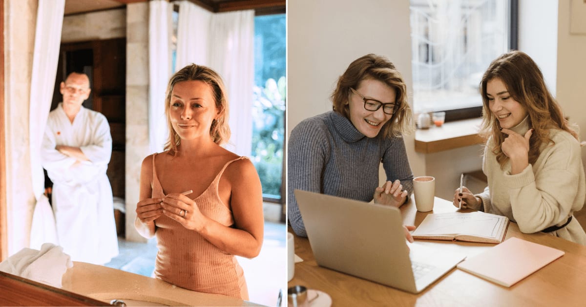 (L) A man looking at his spouse as she gets ready in front of a mirror. (R) A woman talking to a client in the office. (Representative Cover Image Source: Pexels| L - Yan Krukau, R - Arina Krasnikova)