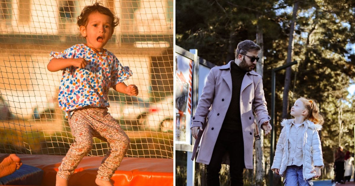 L - A joyful child jumping on a trampoline. R - A girl and a man walking in a park. (Representative Cover Image Source: Pexels | L - Alimurat Üral, R - Murat IŞIK)