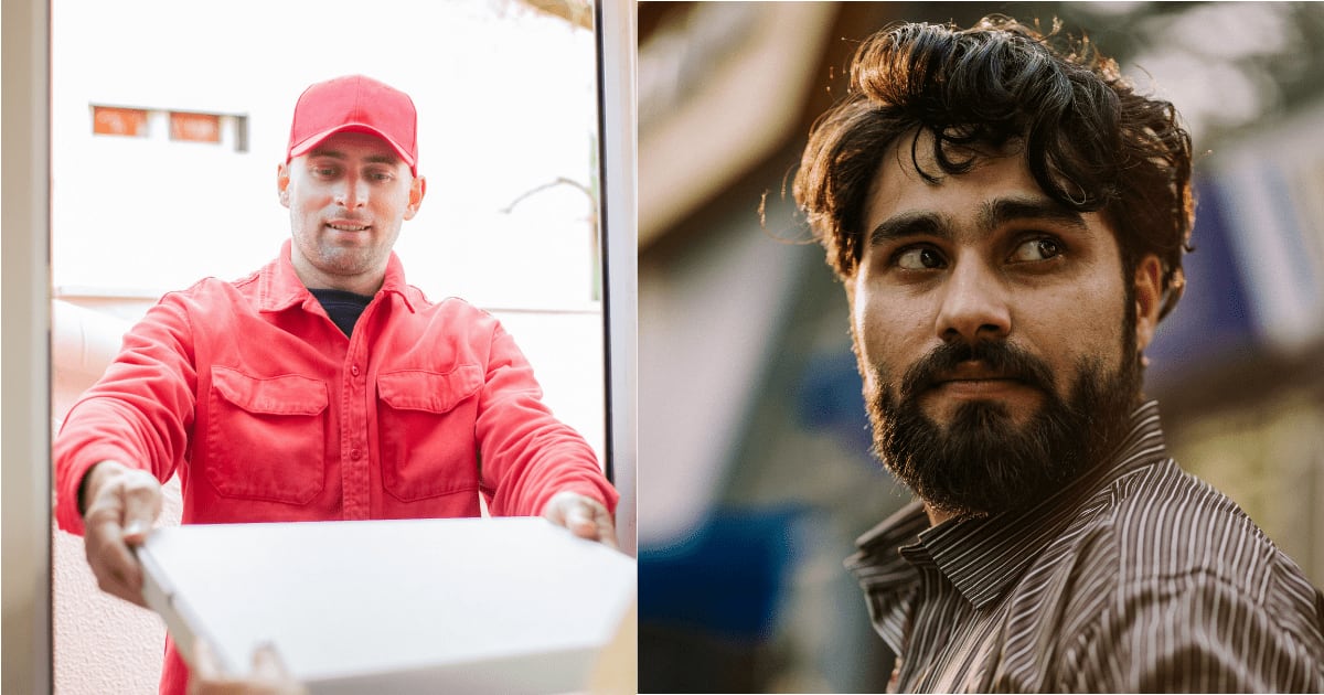 L - Delivery man handing over pizza to customer. R - A man looks at someone disappointedly. (Representative Cover Image Source: Pexels| L - Kampus Production, R - Rupinder Singh