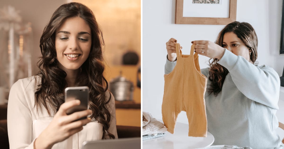 (L) Happy woman looking at phone. (R) Mom with baby clothes. (Representative Cover Image Source: Pexels | (L) Andrea Piacquadio, (R) Sarah Chai)